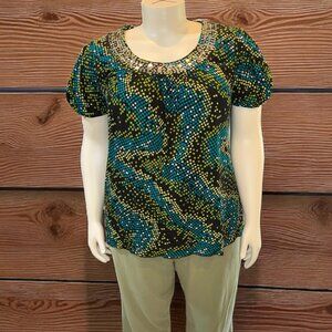 Style & Co Black Blue, Green & White Short Sleeve Sequin Scoop Neck Top Women 2X